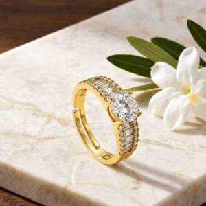 Hayat By Ladli Adjustable Solitaire Crystal Ring – 18K Gold Plated