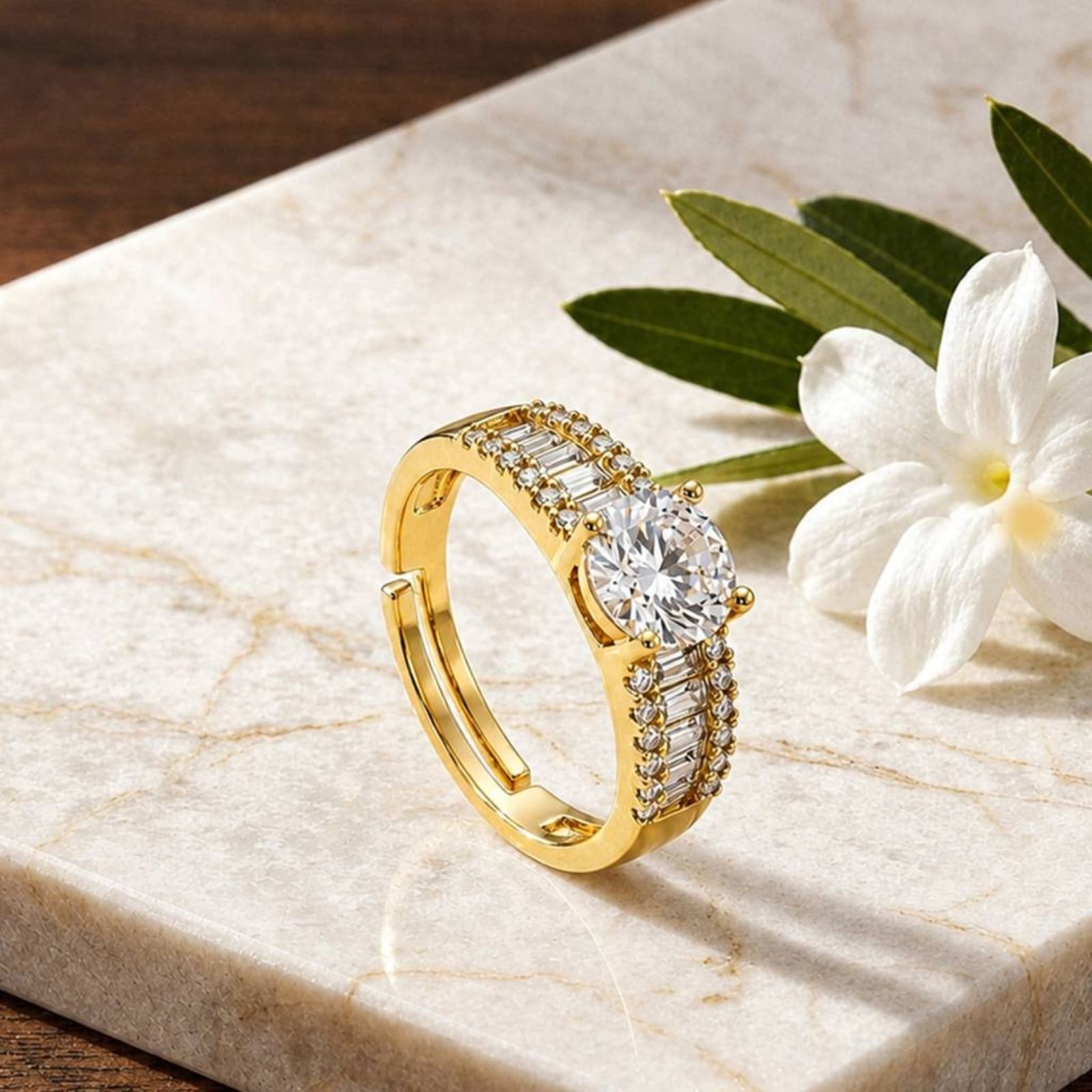 Hayat By Ladli Adjustable Solitaire Crystal Ring – 18K Gold Plated