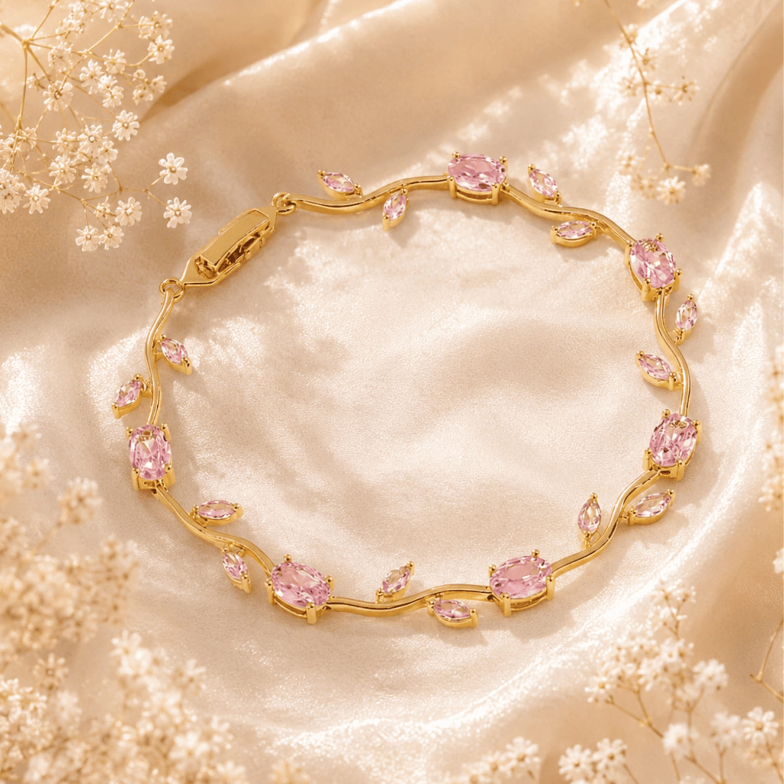 Hayat By Ladli Pink Tulip Crystal Bracelet – 18K Gold Plated